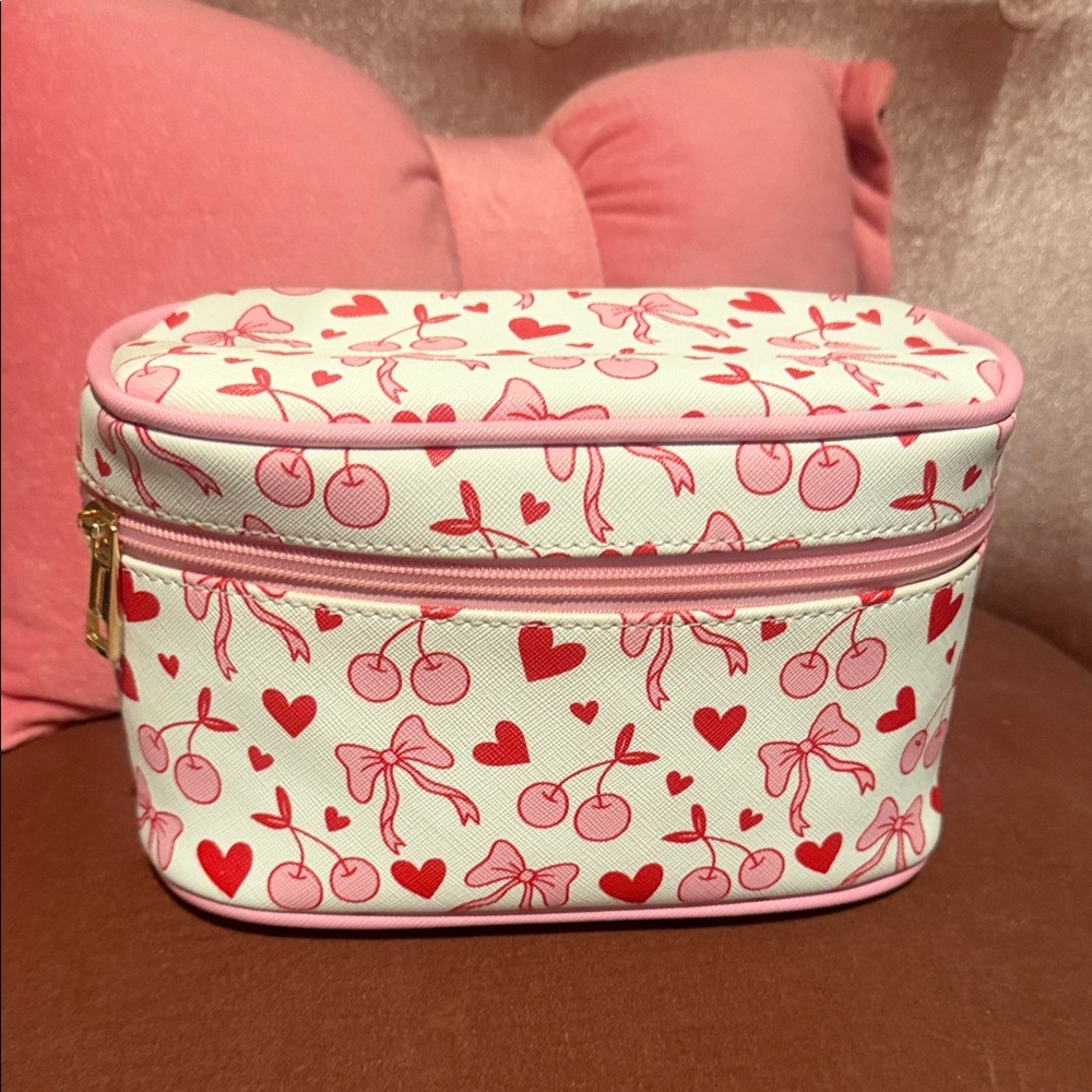 Cherry & Heart Pattern Cosmetic Case - Pink Trim